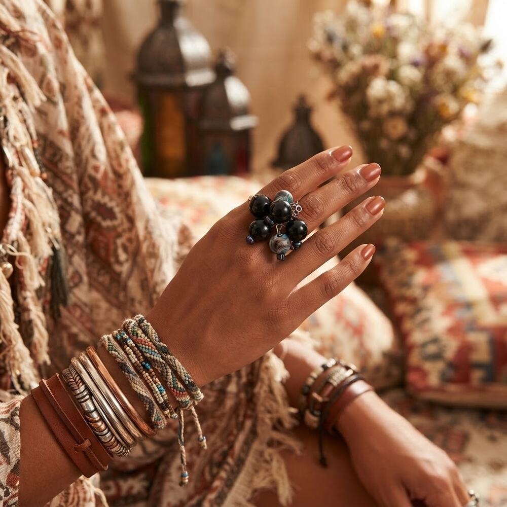 Size 6 Adjustable Bead Custer Black & Blue Beaded Cluster Statement Ring
